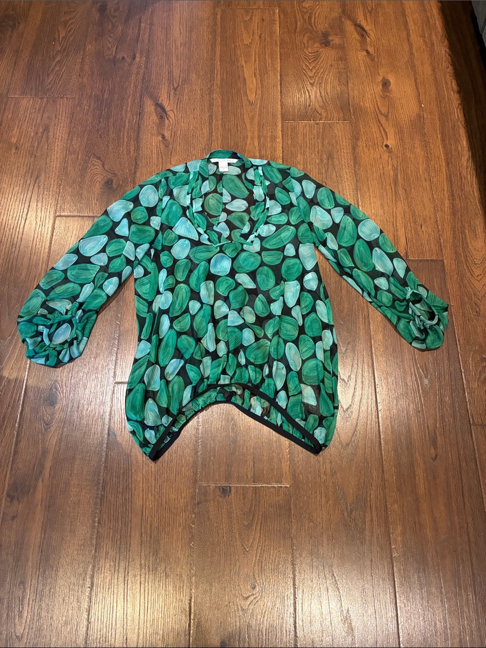 Diane Von Furstenberg Emerald and Black Leaf-Print Blouse